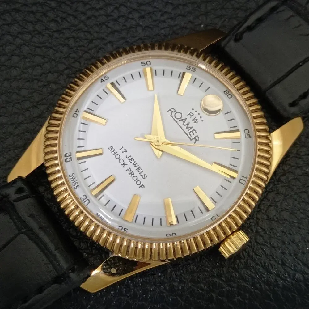 Vintage 1976 Roamer Manual Mens Gold Watch W/Leather Strap & White accents